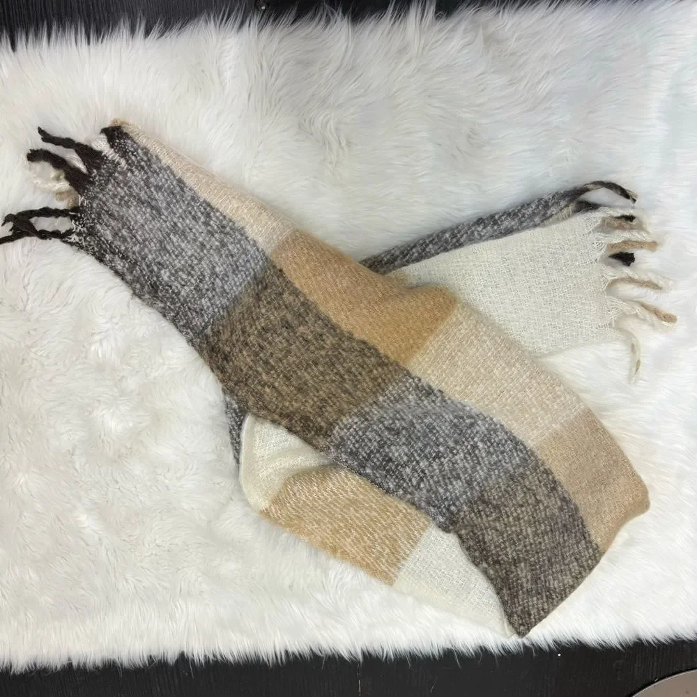 NEW Lucky Brand Brown Ombre Plaid Fringe Blanket Scarf One Size
